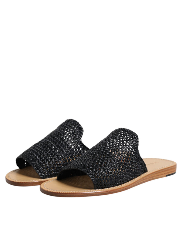 Schwarz Monochrome geflochtene Raffia Slides Schuhe