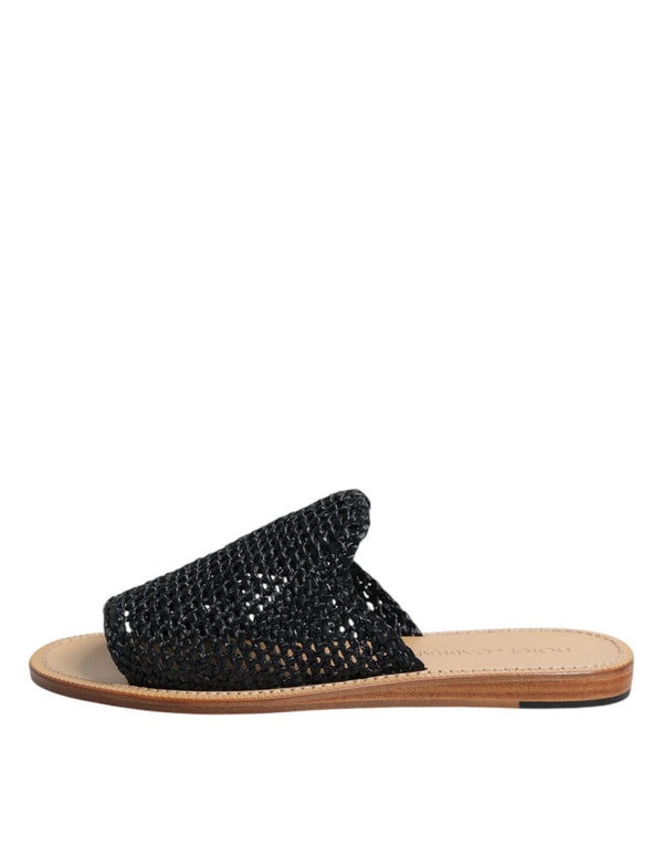 Schwarz Monochrome geflochtene Raffia Slides Schuhe