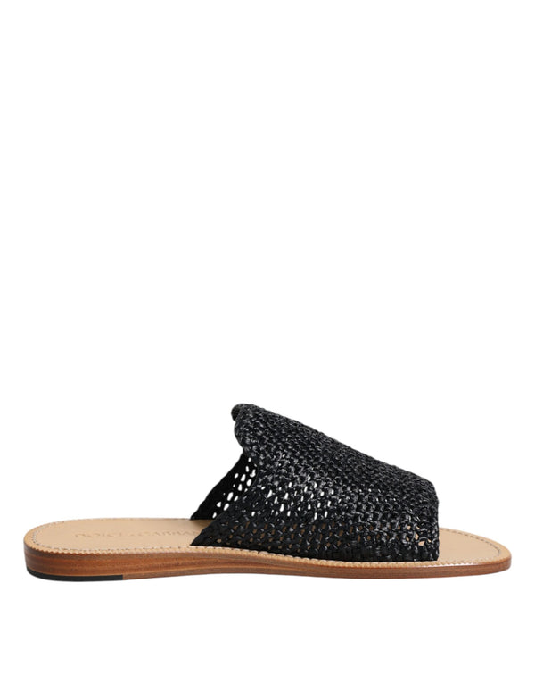 Schwarz Monochrome geflochtene Raffia Slides Schuhe