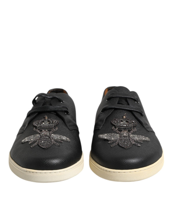 Schwarz Leder Bee Crown Low Top Sneakers Schuhe