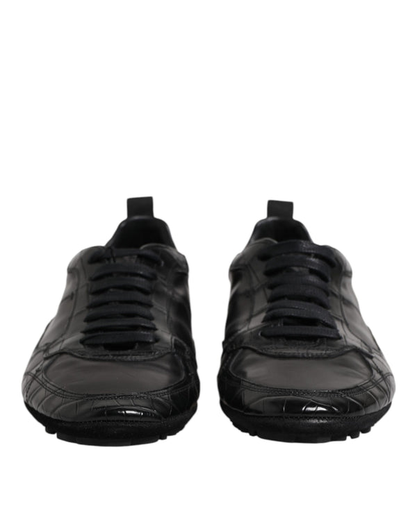 Schwarze Exotische Leder Low Top Sneakers Schuhe