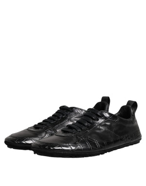 Schwarze Exotische Leder Low Top Sneakers Schuhe