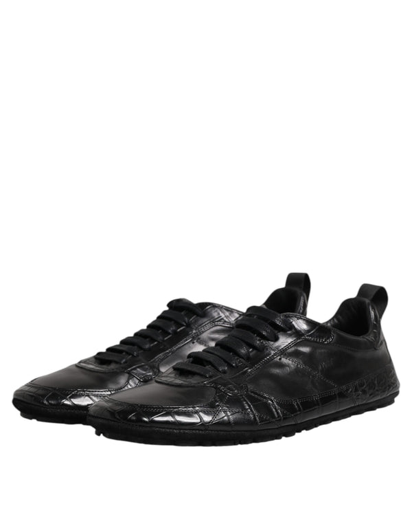 Schwarze Exotische Leder Low Top Sneakers Schuhe