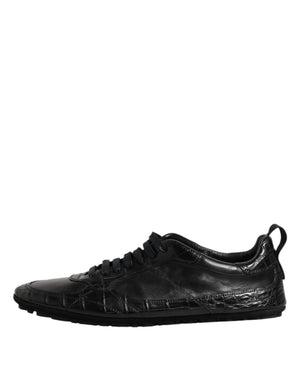 Schwarze Exotische Leder Low Top Sneakers Schuhe