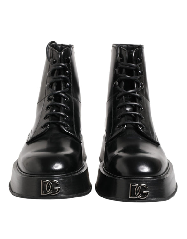 Schwarze Leder Logo-Stiefeletten Schnürschuhe