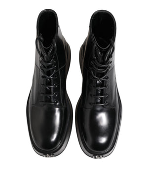 Schwarze Leder Logo-Stiefeletten Schnürschuhe