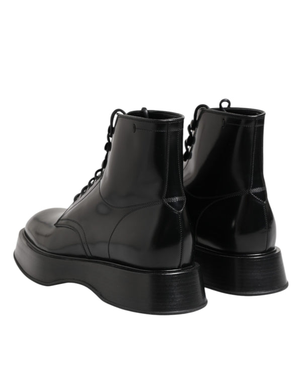 Schwarze Leder Logo-Stiefeletten Schnürschuhe