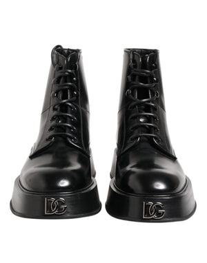 Schwarze Leder Logo-Stiefeletten Schnürschuhe
