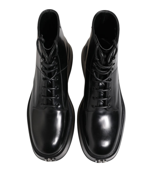 Schwarze Leder Logo-Stiefeletten Schnürschuhe