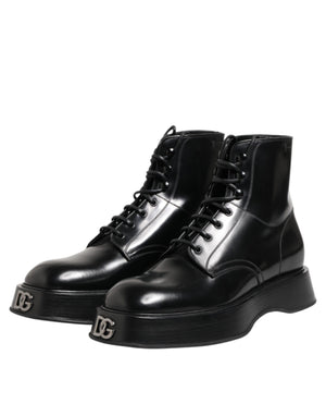 Schwarze Leder Logo-Stiefeletten Schnürschuhe