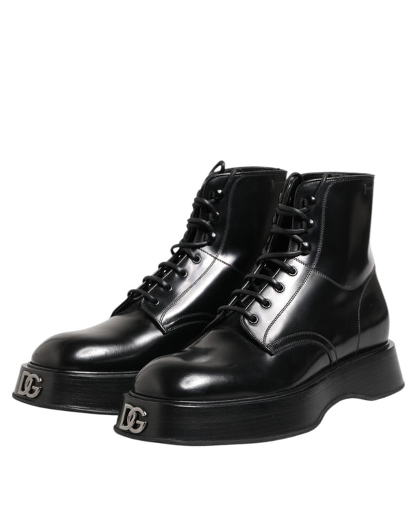 Schwarze Leder Logo-Stiefeletten Schnürschuhe