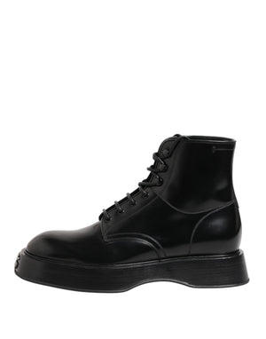 Schwarze Leder Logo-Stiefeletten Schnürschuhe