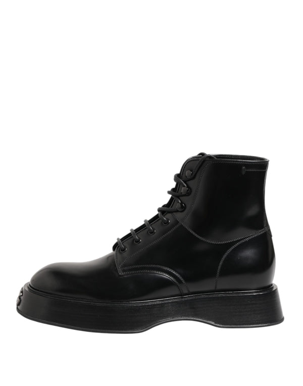 Schwarze Leder Logo-Stiefeletten Schnürschuhe