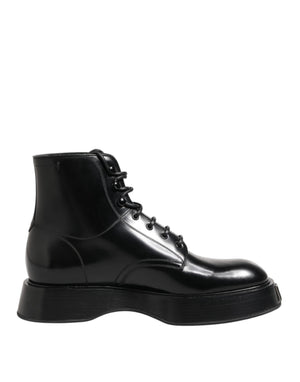 Schwarze Leder Logo-Stiefeletten Schnürschuhe
