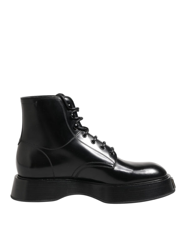 Schwarze Leder Logo-Stiefeletten Schnürschuhe