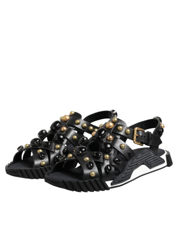 Schwarze Leder Nieten Riemchensandalen Schuhe