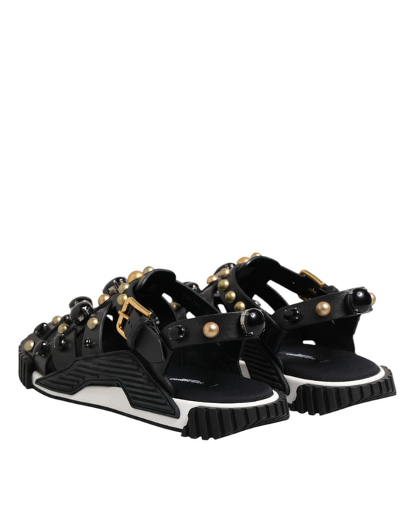 Schwarze Leder Nieten Riemchensandalen Schuhe