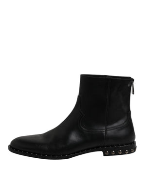 Schwarze Leder Logo-Stiefeletten Nietenschuhe