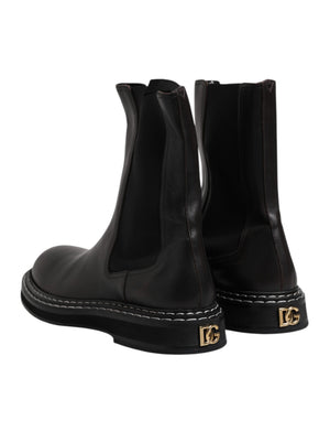 Schwarz Leder Mid Calf Stiefel Flats Schuhe