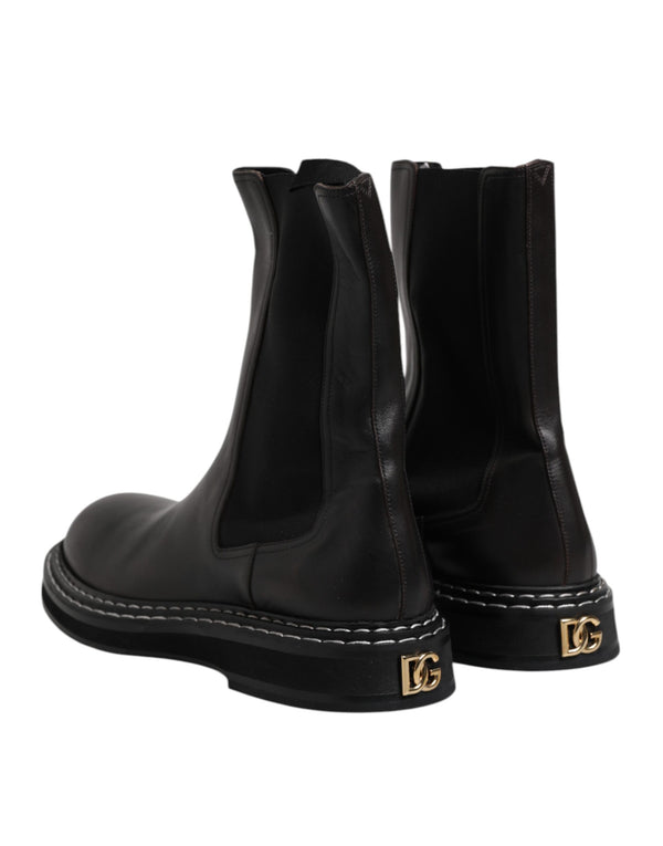 Schwarz Leder Mid Calf Stiefel Flats Schuhe