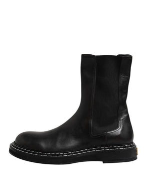 Schwarz Leder Mid Calf Stiefel Flats Schuhe