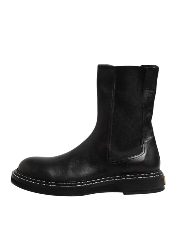 Schwarz Leder Mid Calf Stiefel Flats Schuhe