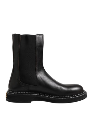 Schwarz Leder Mid Calf Stiefel Flats Schuhe