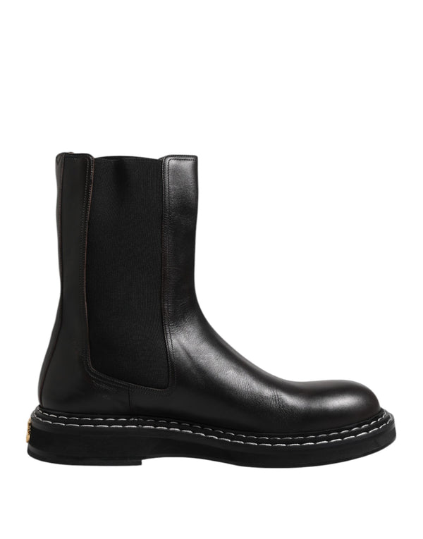 Schwarz Leder Mid Calf Stiefel Flats Schuhe