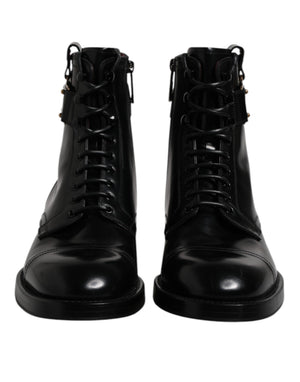 Schwarze Leder Mid Calf Stiefel Schnürschuhe
