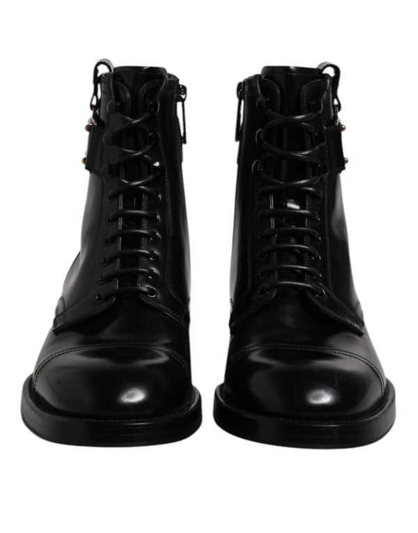 Schwarze Leder Mid Calf Stiefel Schnürschuhe