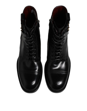 Schwarze Leder Mid Calf Stiefel Schnürschuhe