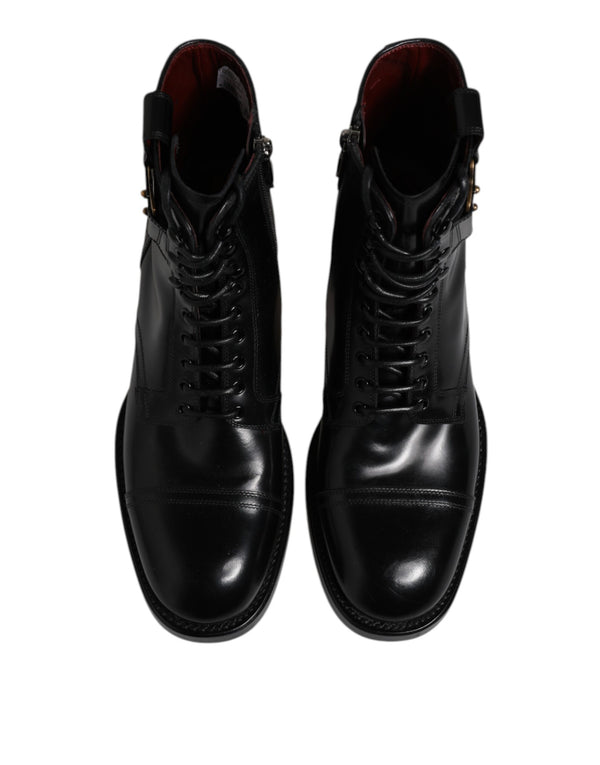 Schwarze Leder Mid Calf Stiefel Schnürschuhe