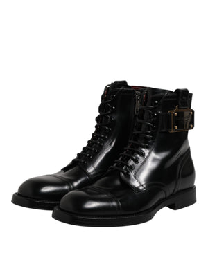 Schwarze Leder Mid Calf Stiefel Schnürschuhe
