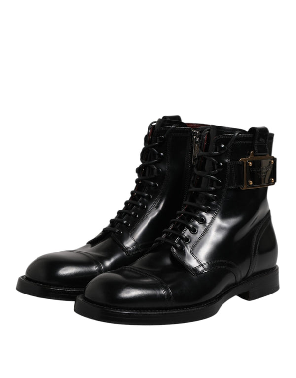 Schwarze Leder Mid Calf Stiefel Schnürschuhe