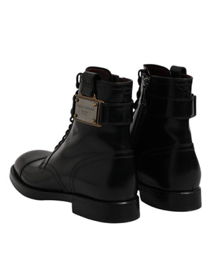 Schwarze Leder Mid Calf Stiefel Schnürschuhe