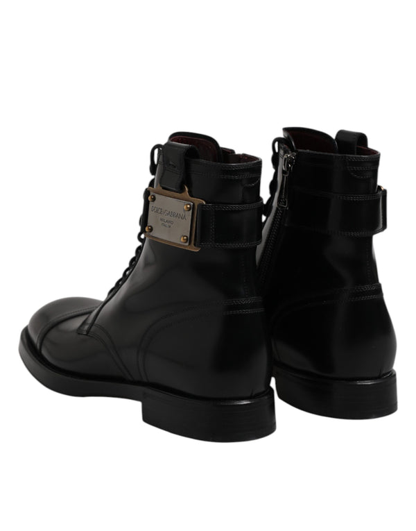 Schwarze Leder Mid Calf Stiefel Schnürschuhe