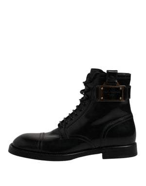 Schwarze Leder Mid Calf Stiefel Schnürschuhe