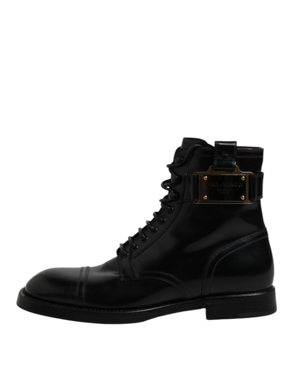Schwarze Leder Mid Calf Stiefel Schnürschuhe