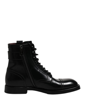 Schwarze Leder Mid Calf Stiefel Schnürschuhe