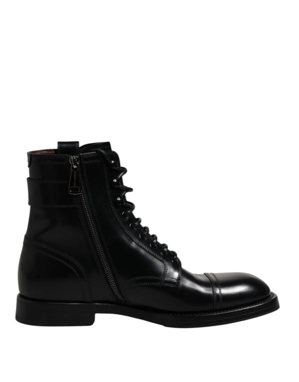 Schwarze Leder Mid Calf Stiefel Schnürschuhe