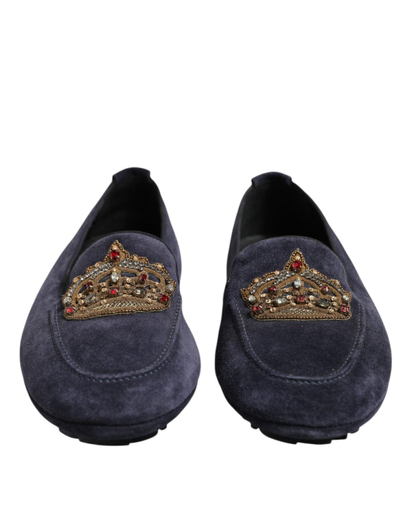 Blaue Wildleder Crown Crystal Loafers Kleid Schuhe