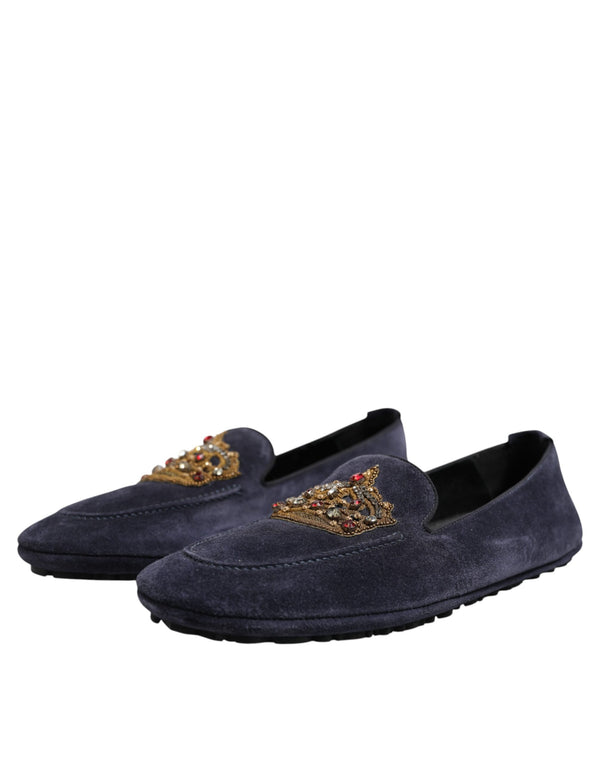 Blaue Wildleder Crown Crystal Loafers Kleid Schuhe