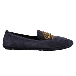 Blaue Wildleder Crown Crystal Loafers Kleid Schuhe