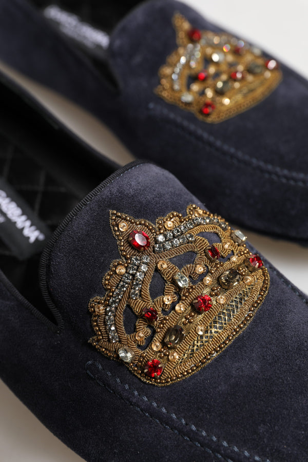 Blaue Wildleder Crown Crystal Loafers Kleid Schuhe