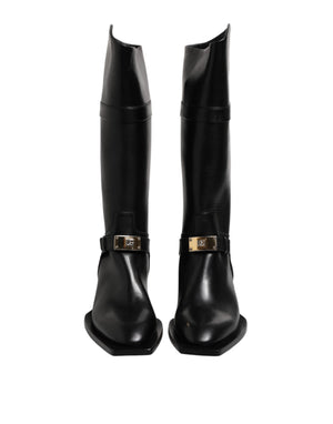 Schwarz Leder Hohe Stiefel Flache Schuhe