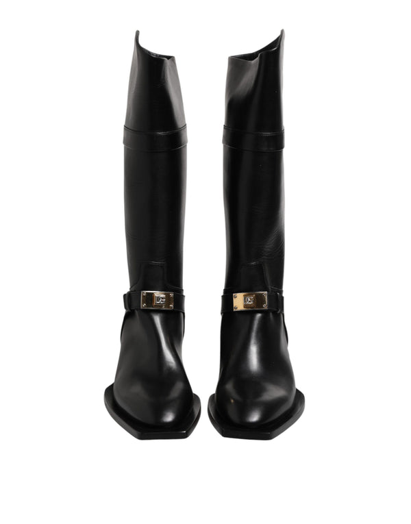 Schwarz Leder Hohe Stiefel Flache Schuhe