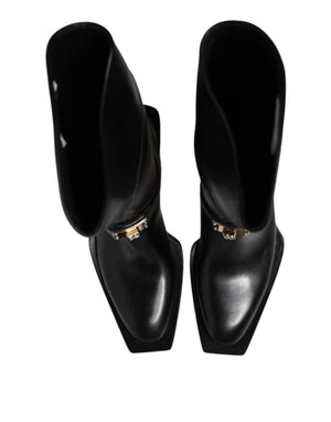 Schwarz Leder Hohe Stiefel Flache Schuhe