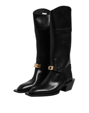 Schwarz Leder Hohe Stiefel Flache Schuhe