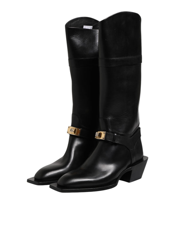 Schwarz Leder Hohe Stiefel Flache Schuhe
