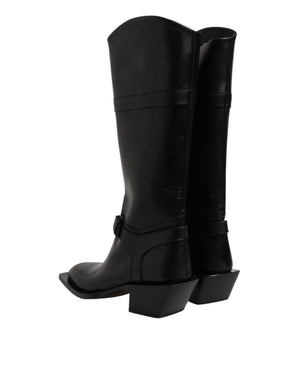 Schwarz Leder Hohe Stiefel Flache Schuhe